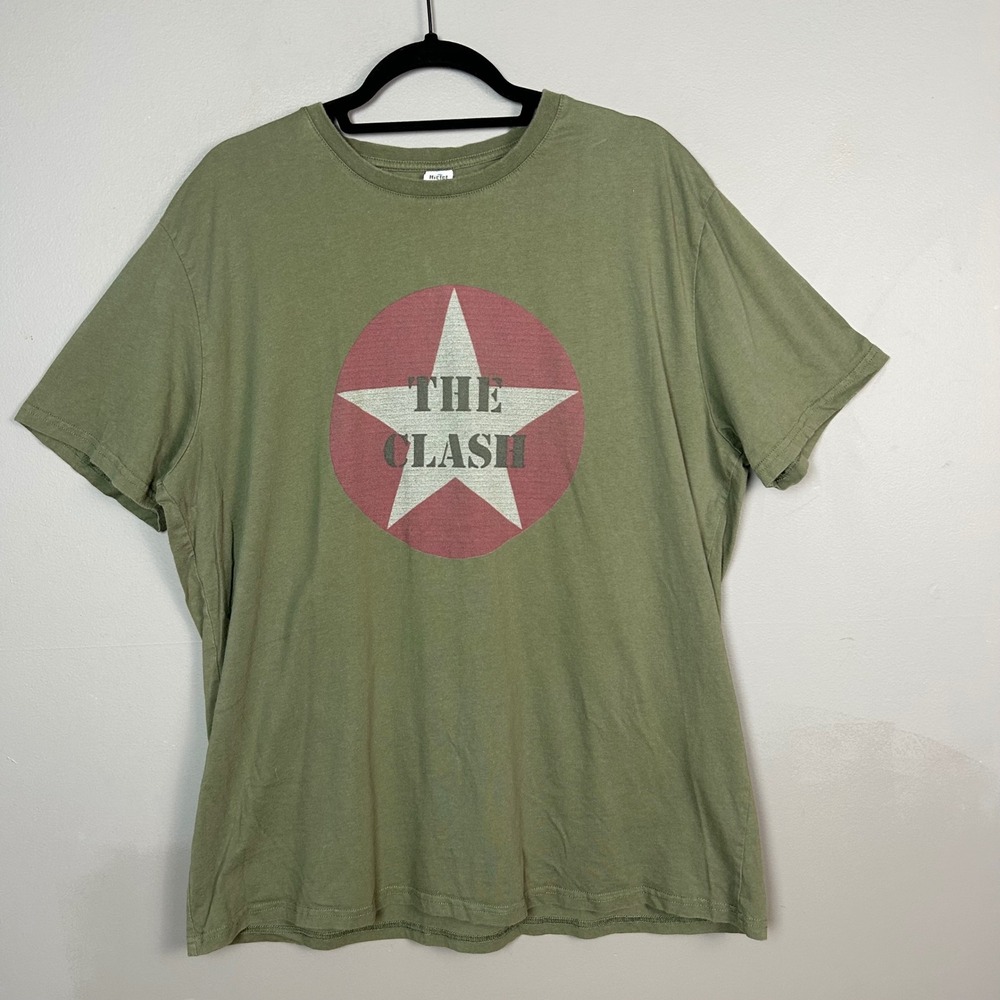 The Clash Band Graphic T-Shirt Mens XXL Olive Green Star Logo Hiclol Cotton Tee